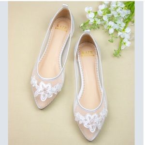 Kate Whitcomb Arden Ivory - Bridal Flat Shoes with Ivory Lace and Satin Sz. 8